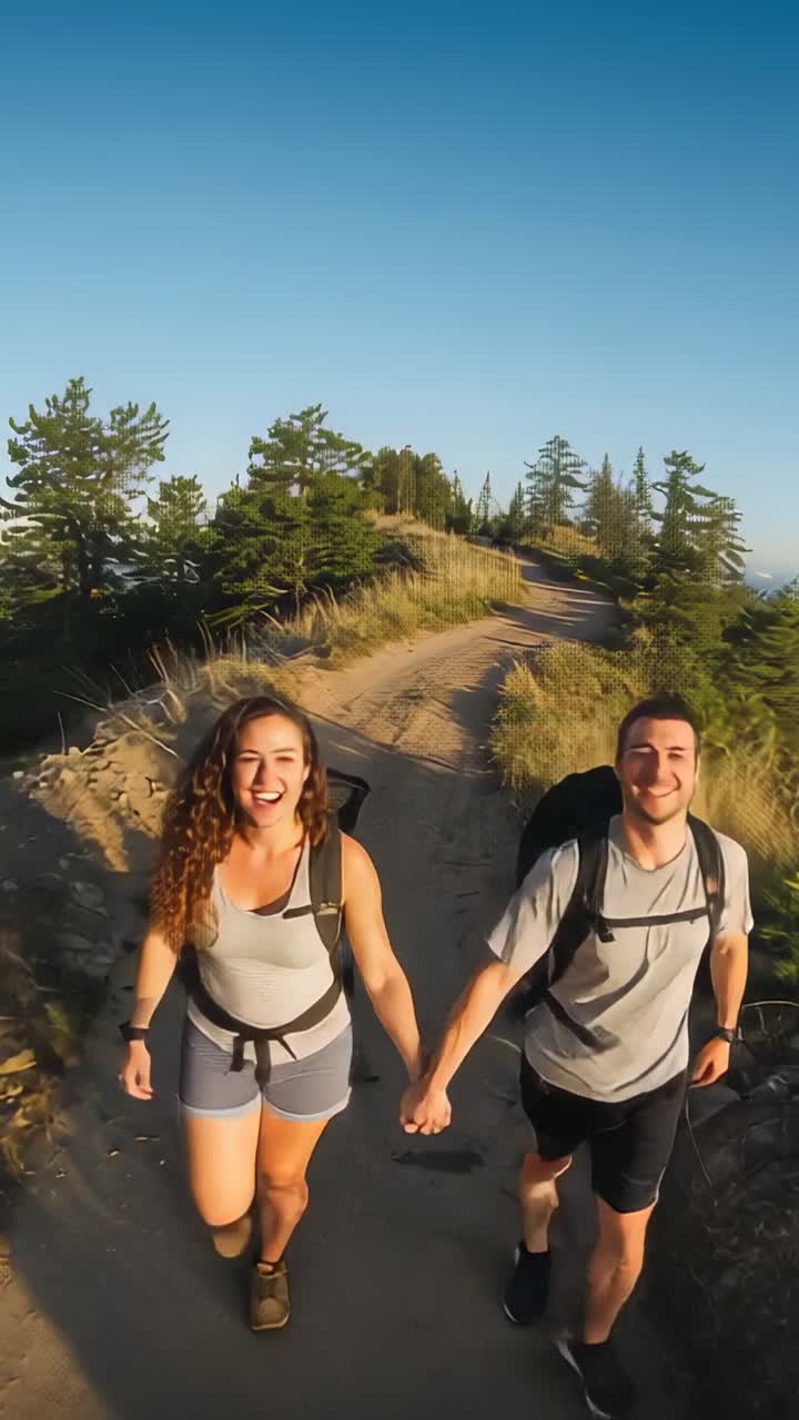 Video verticale: due escursionisti che camminano e notano un drone, si tengono per mano e sorridono, con gli zaini in spalla durante l'escursione.