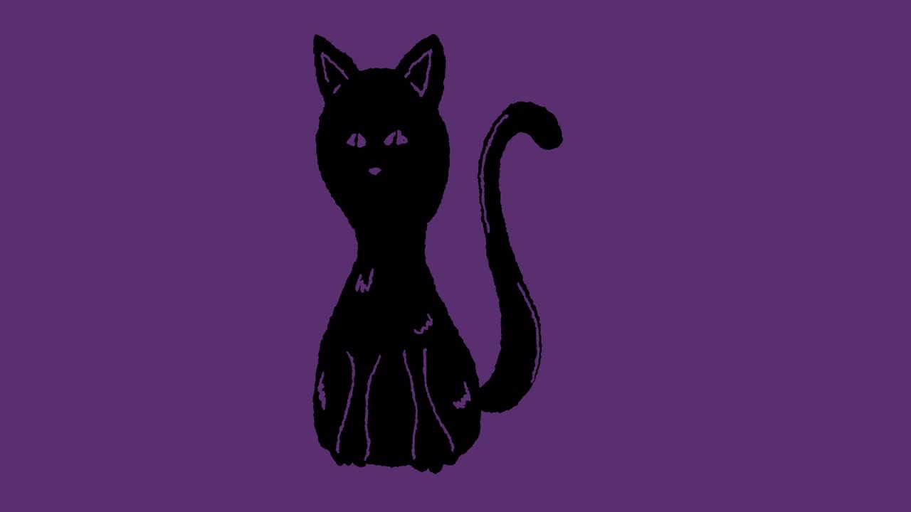 animación de la ilustración de un gato negro sobre un fondo púrpura
