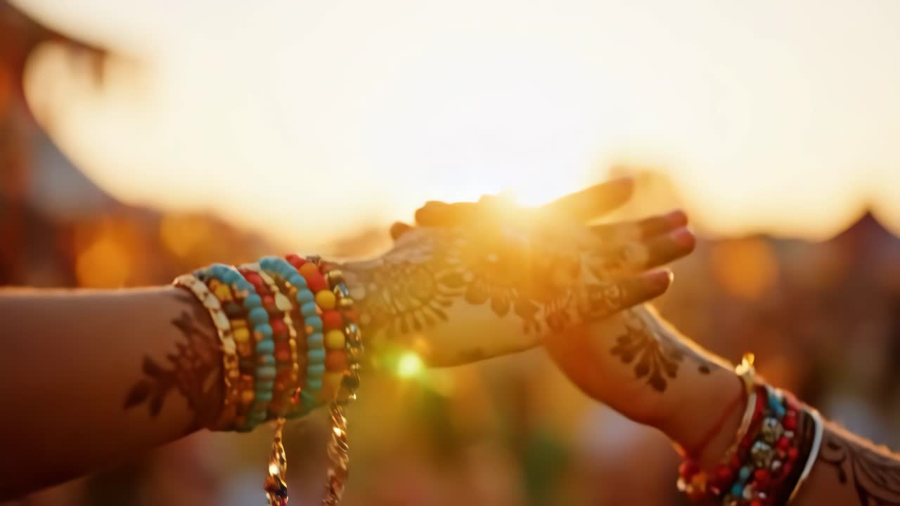Hands adorned with henna and bracelets at a festive celebration