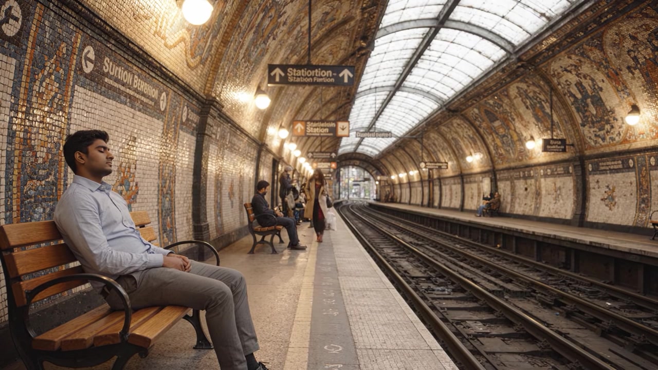 Een rustig moment van reflectie op het metrostation: Een jonge man zit alleen op een bankje op een elegant ingericht perron, wachtend op zijn trein.