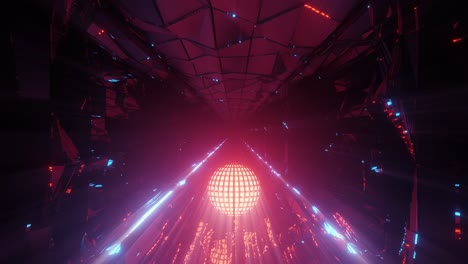 VJ-Loop---Shining-Purple,-Pink-and-Blue-Energy-Sphere-Rolling-Down-a-Dark-Glossy-Sci-Fi-Corridor