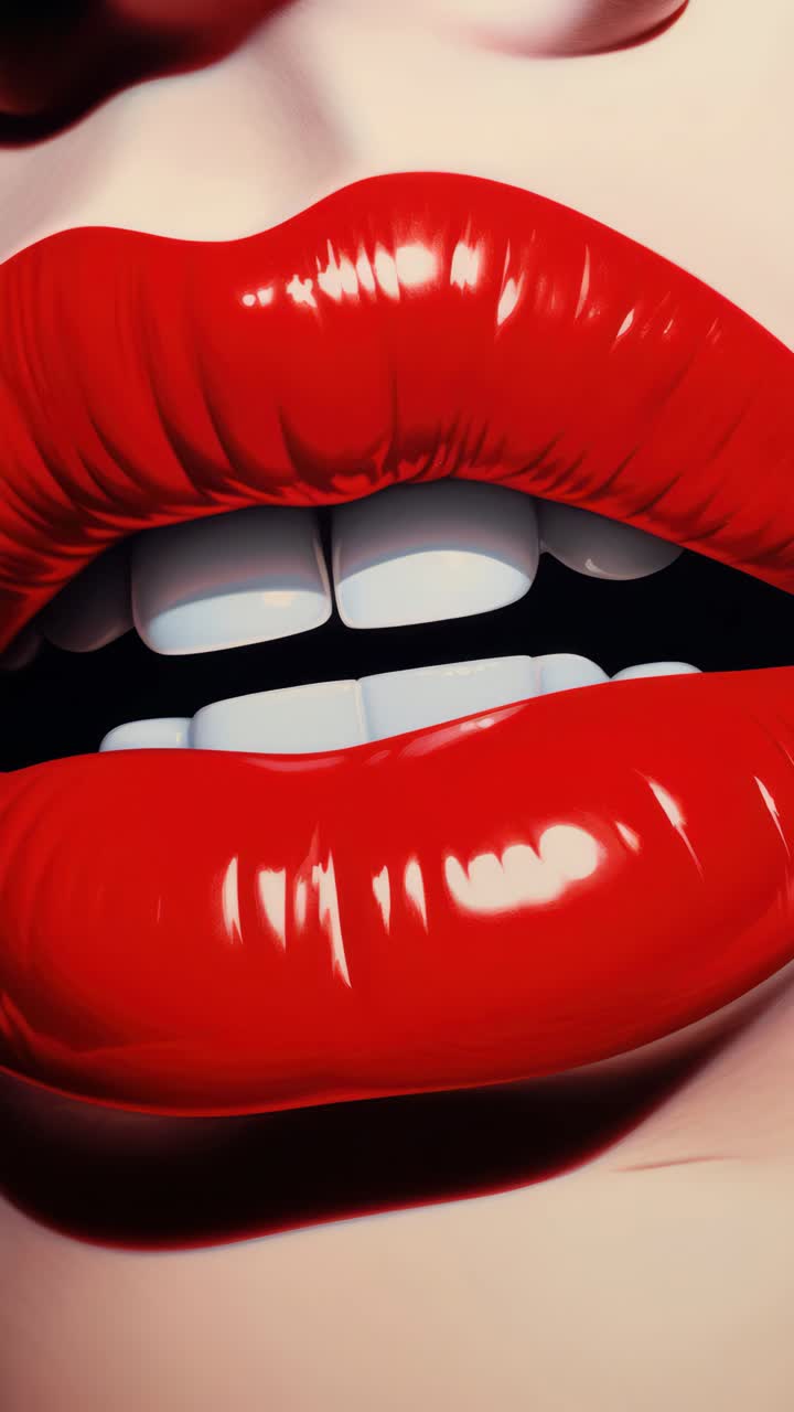 Video ravvicinato in stile angolazione della camera di labbra rosse lucide con denti visibili, ripreso da una bassa angolazione