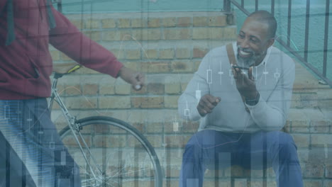 Animation of data processing over african american man using smartphone