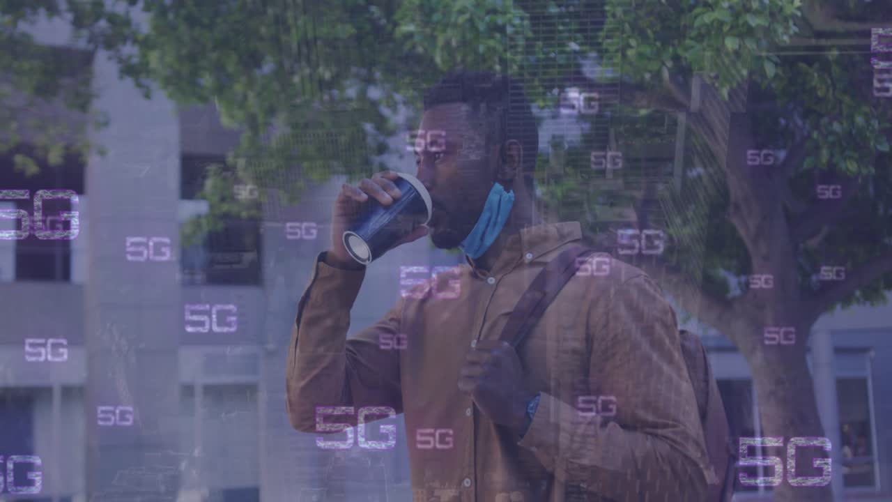 Animation of digital 5g over african american young man with backpack drinking coffee in city