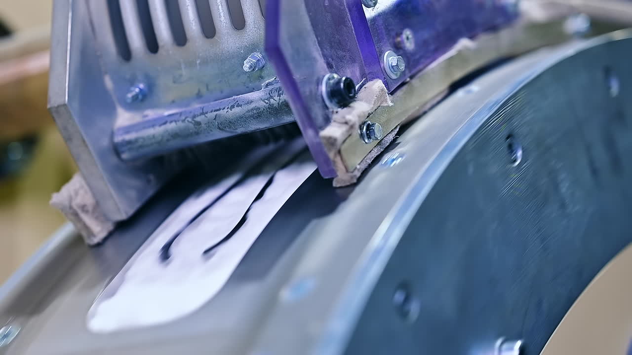 Stainless steel shaft rotating to release one of the layers for nappies. A modern enterprise for the production of diapers close up.