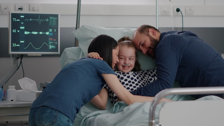 Happy parents visiting sick daughter hugging child during disease examination