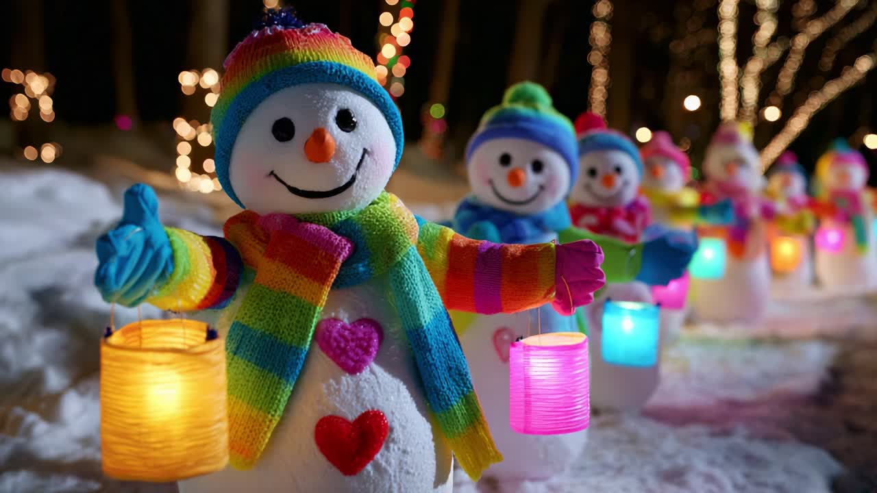 A Charming Scene of Colorful Snowmen Illuminated with Lanterns Against a Magical Winter Backdrop, Capturing the Joy of the Holiday Season in a Festive Lights Display