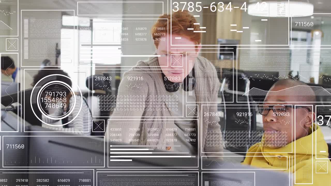 Animation of data processing over diverse business people in office