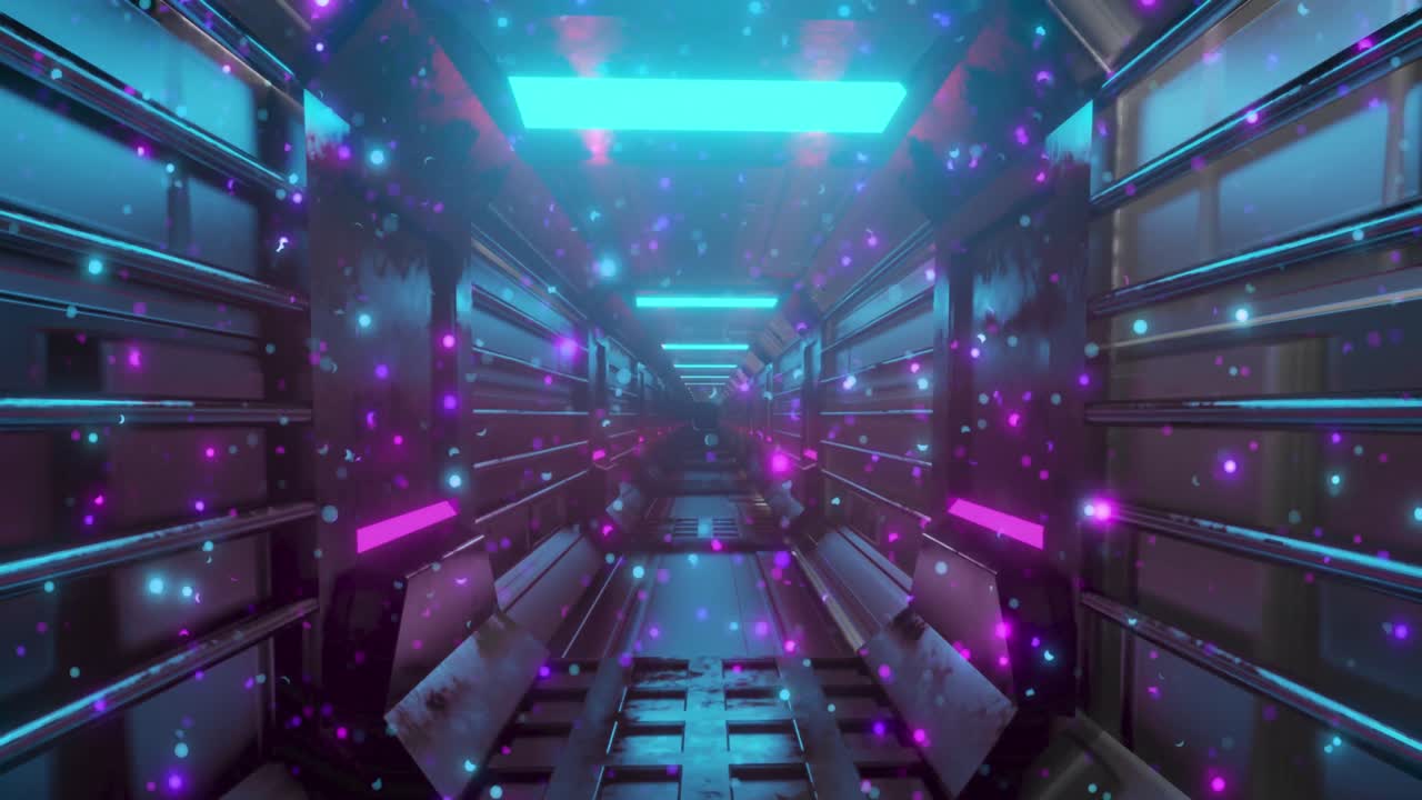 animación de puntos brillantes de luz y rastros de luz azul brillante púrpura sobre fondo negro