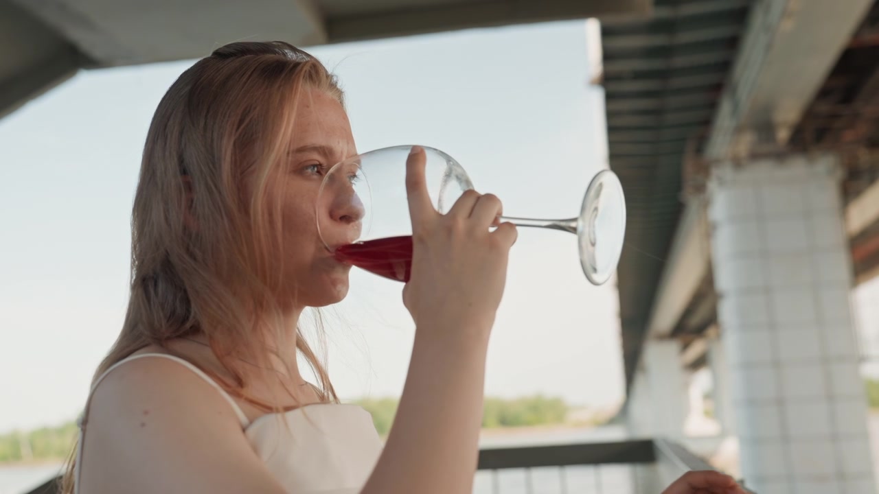 Woman in white dress holds and drinks red wine on outdoor balcony under bridge with water and greenery visible in background. Her hair is loose as woman sips from glass set against daylight