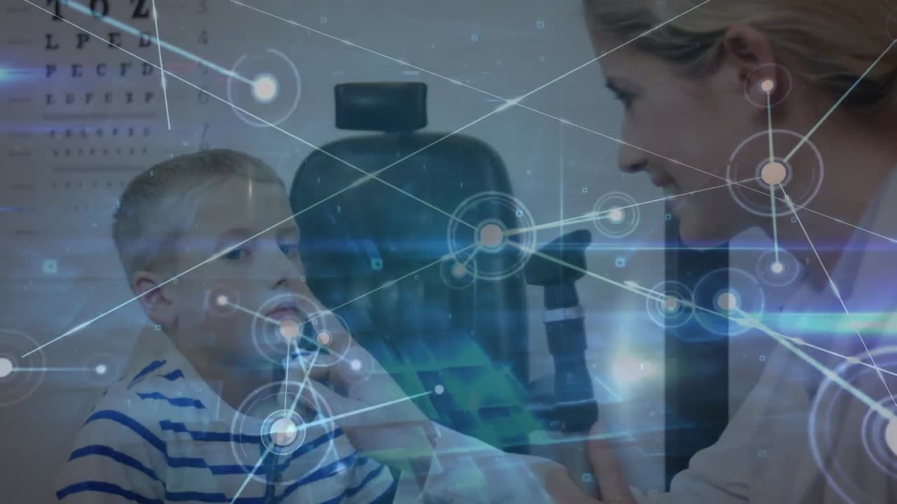 백인 여성 의사와 소년에 대한 연결 네트워크의 애니메이션