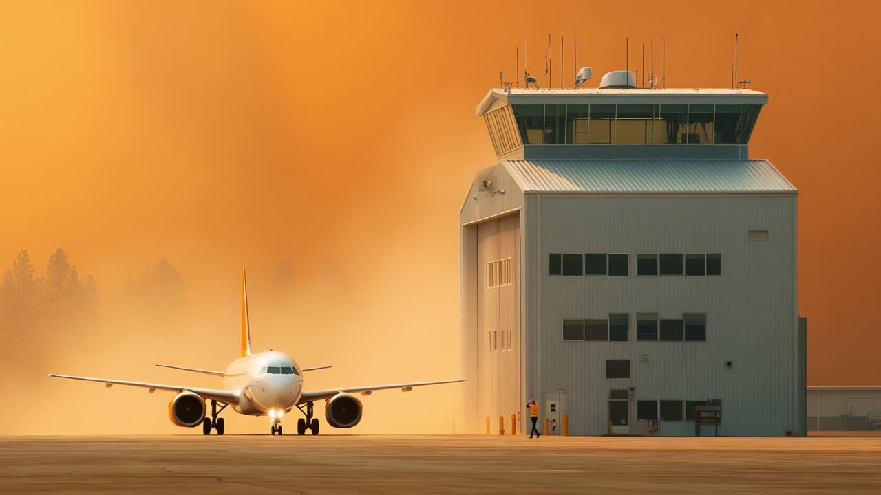 A stunning scene captures an airplane preparing for takeoff in front of a modern control tower under an orange-hued sky, creating a captivating visual of aviation and atmosphere