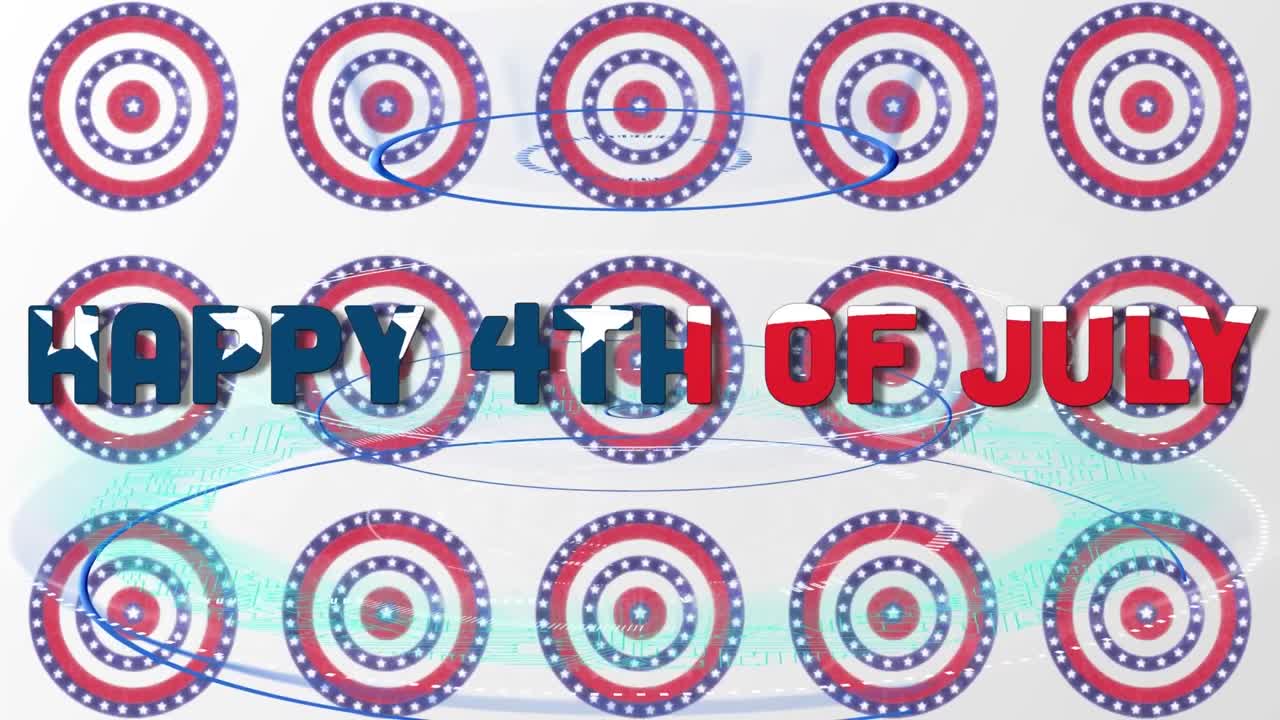 미국 국기 위의 독립기념일 텍스트의 애니메이션 별과 원에 색칠된