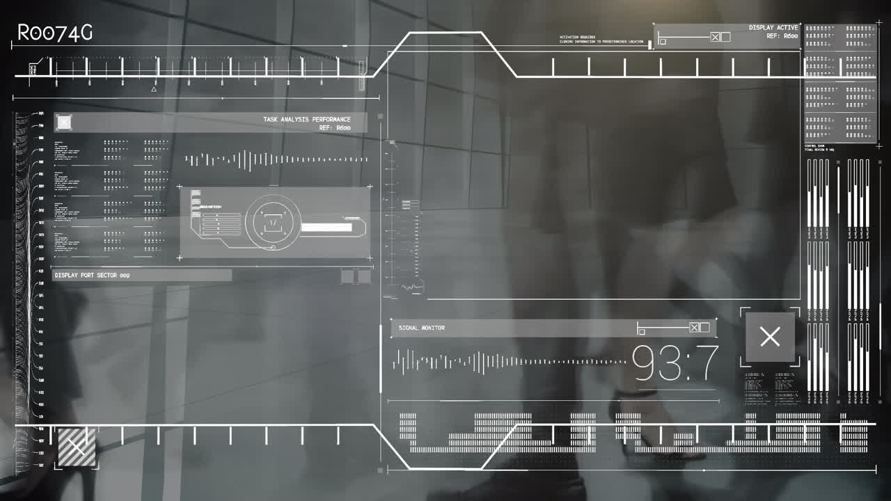 Animation of data processing over businesspeople walking in office