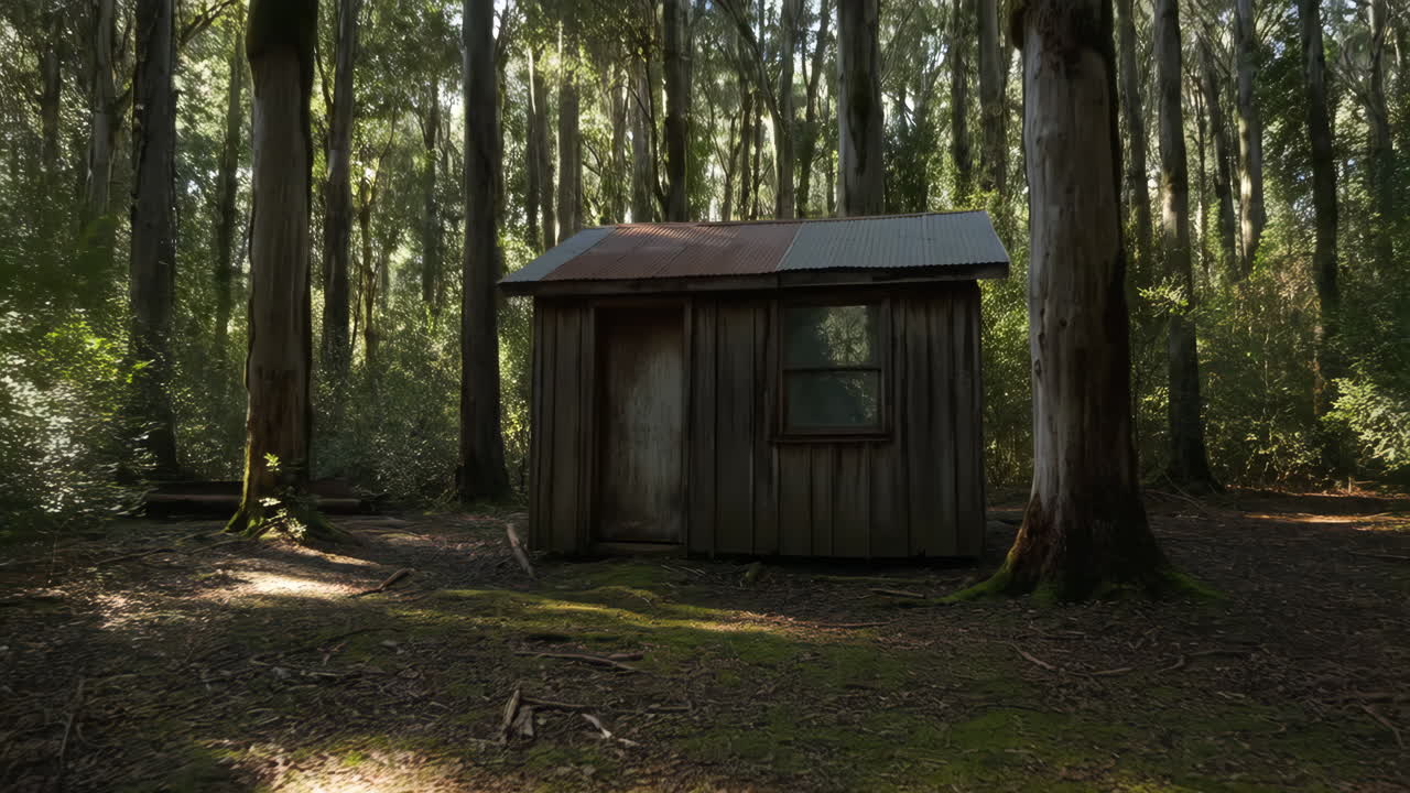 Rustic Wooden Hut in a Sunlit Forest