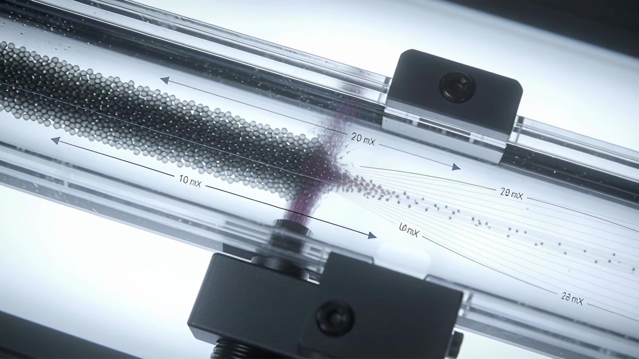 Opening nozzle ejecting purple plume between clear tubes on bench for flow test nudging dark beads