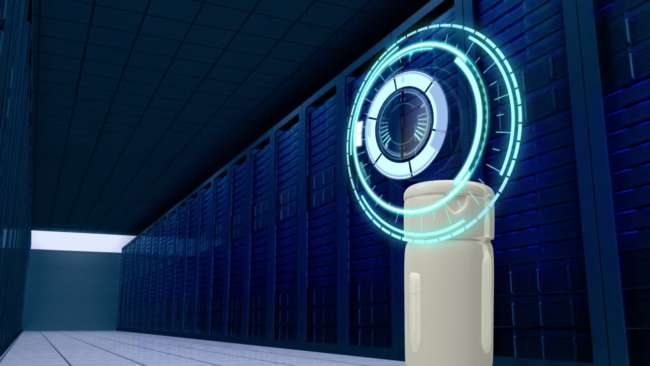 Animation of scope scanning over cream container and server room