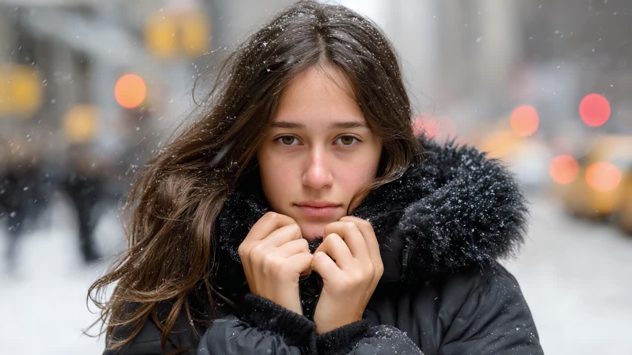 A Young Woman in a Snowy Urban Environment, Wearing a Black Coat with a Fur Collar, and Displaying a Serious Expression Amidst Snowflakes and Soft City Lights