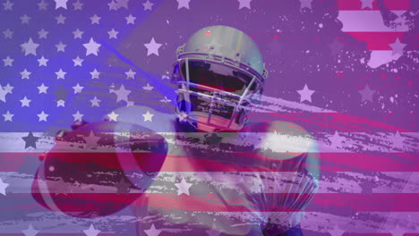 animation of african american american football player and flag of usa