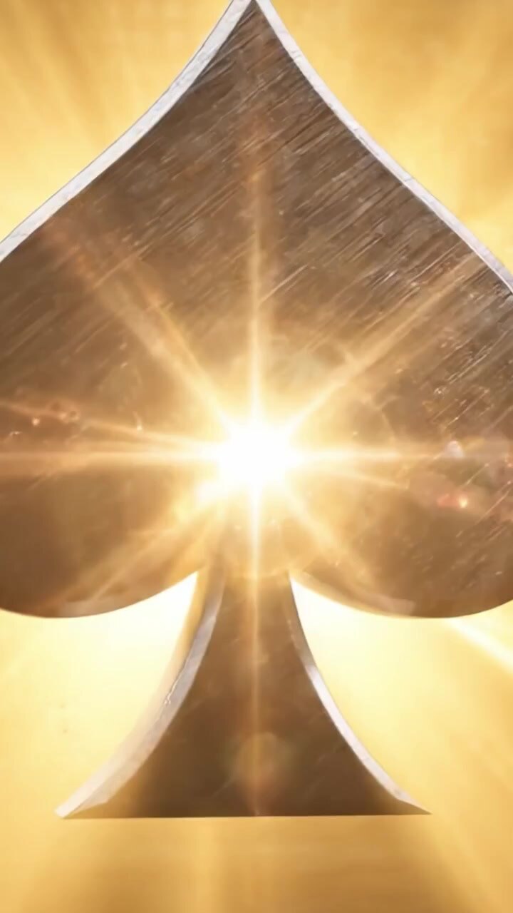 A Stunning Visual Transition Featuring a Metallic Spade Symbol Against Dramatic Backgrounds, Showcasing its Intricate Design and Illuminating Effects in Two Distinct Frames