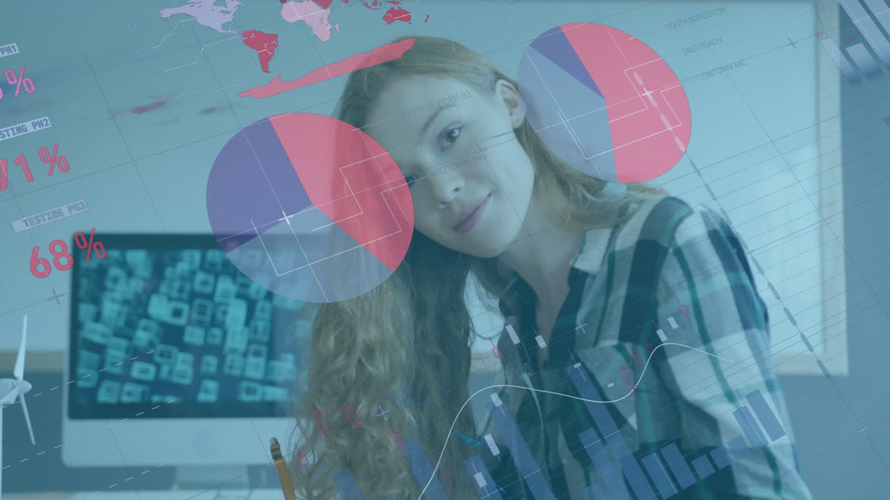 animación del procesamiento de datos financieros sobre una mujer de negocios caucásica en el cargo