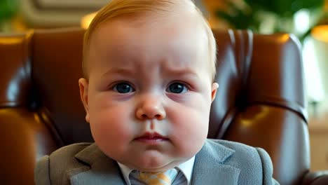 a baby in a suit sitting in a brown chair