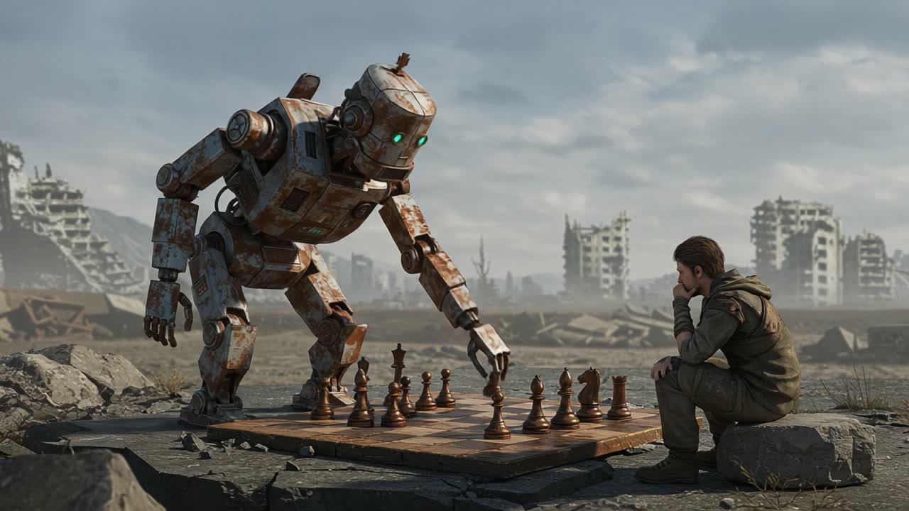 An Introspective Chess Match Between a Thoughtful Human and a Mechanical Robot Set Against a Post-Apocalyptic Urban Landscape