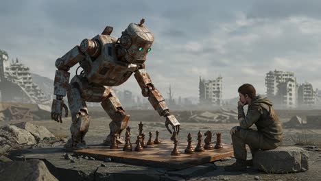 an introspective chess match between a thoughtful human and a mechanical robot set against a post-apocalyptic urban landscape