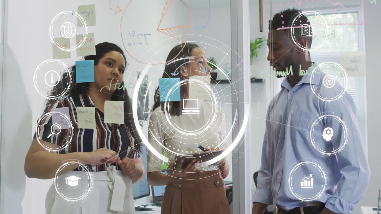 Business team discussing strategy with digital data processing animation overlay