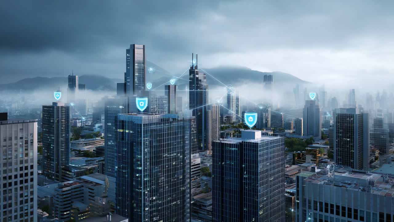 Aerial View of a Futuristic City Featuring Skyscrapers Connected by Digital Networks and Wireless Security Symbols in a Gloomy Atmosphere