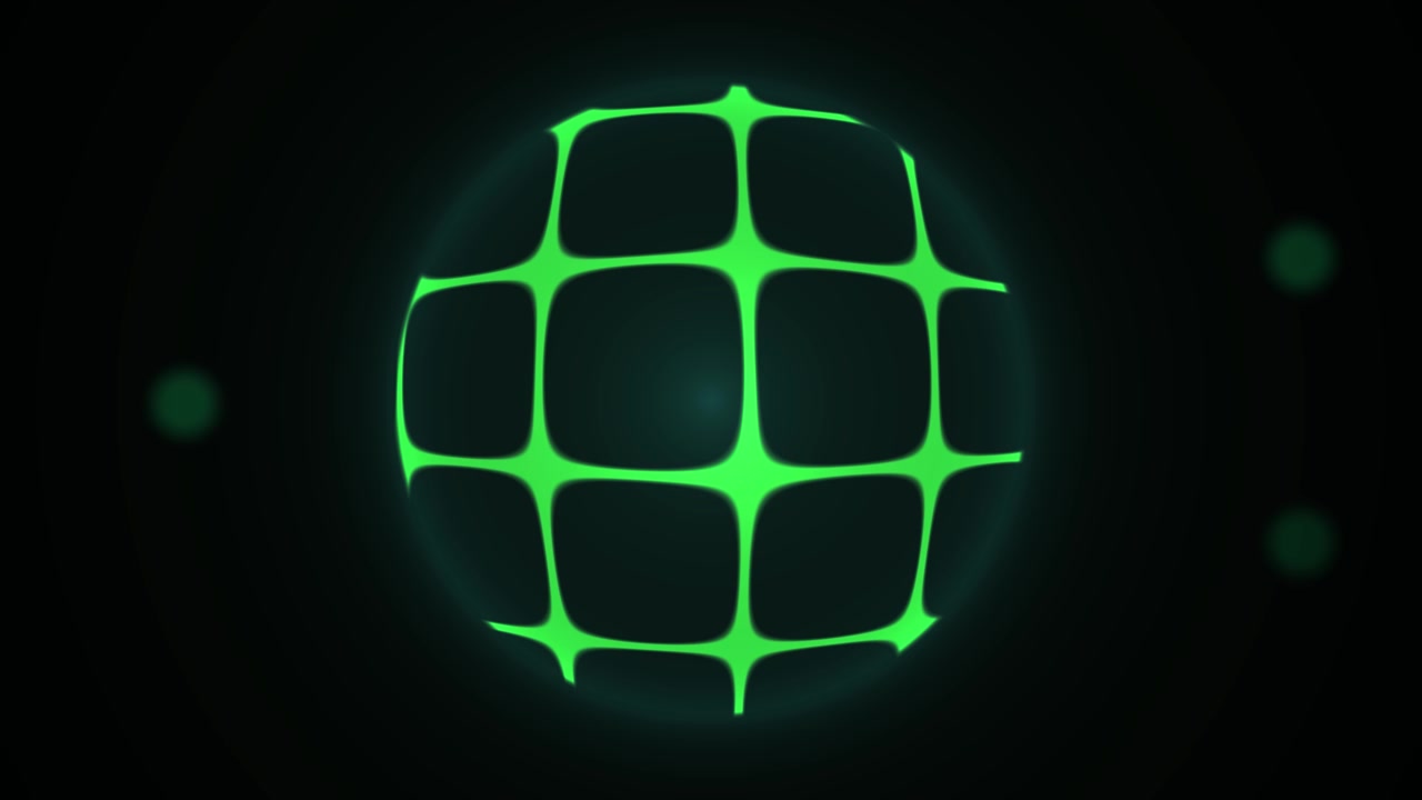 Animated Green Grid Sphere with Glowing Lines on Dark Background