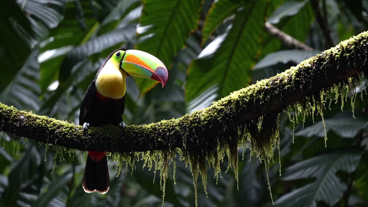 Vibrant Toucan Perched on a Mossy Branch in a Tropical Rainforest