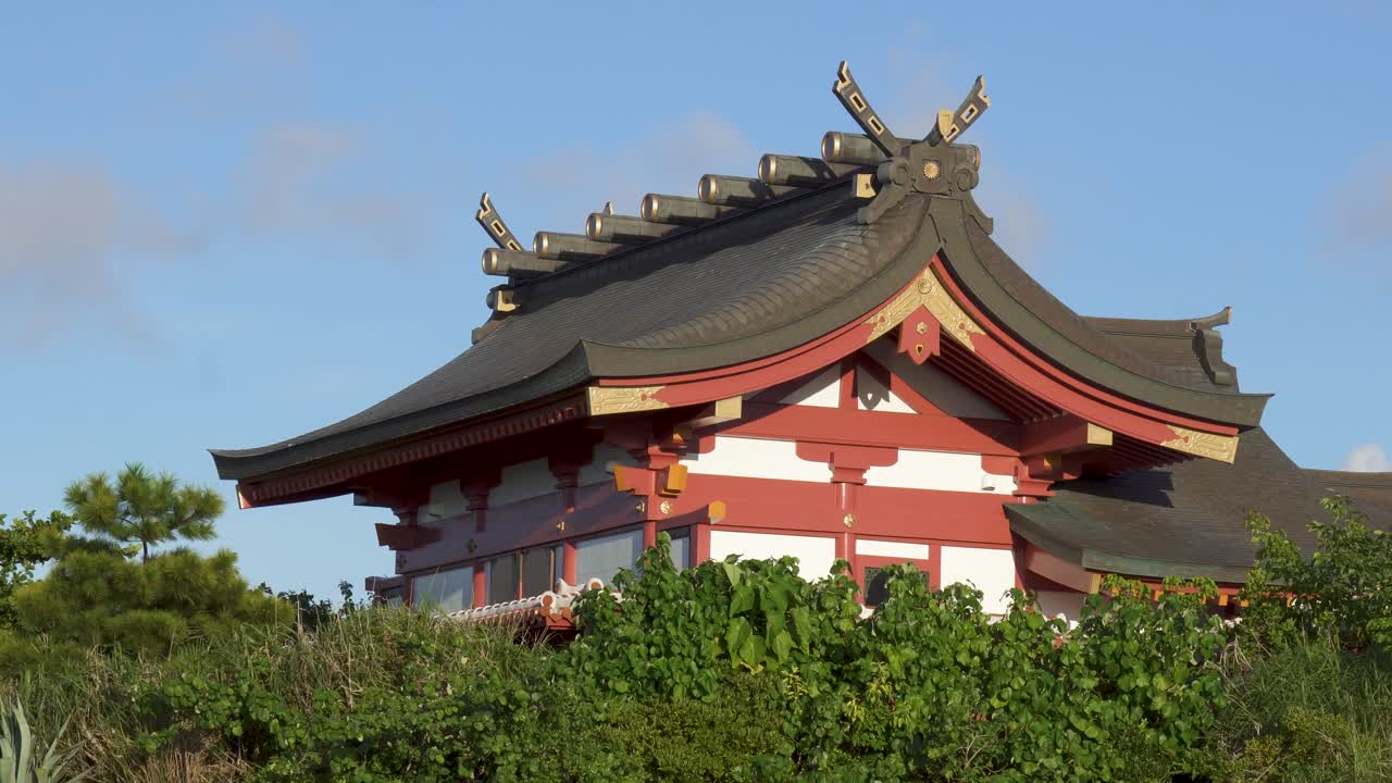 Close-up view of Naminoue Shrine and temple - 4K view of Naha, Okinawa, Japan, clear blue sky and clouds. In daytime. Summer holiday, vacation