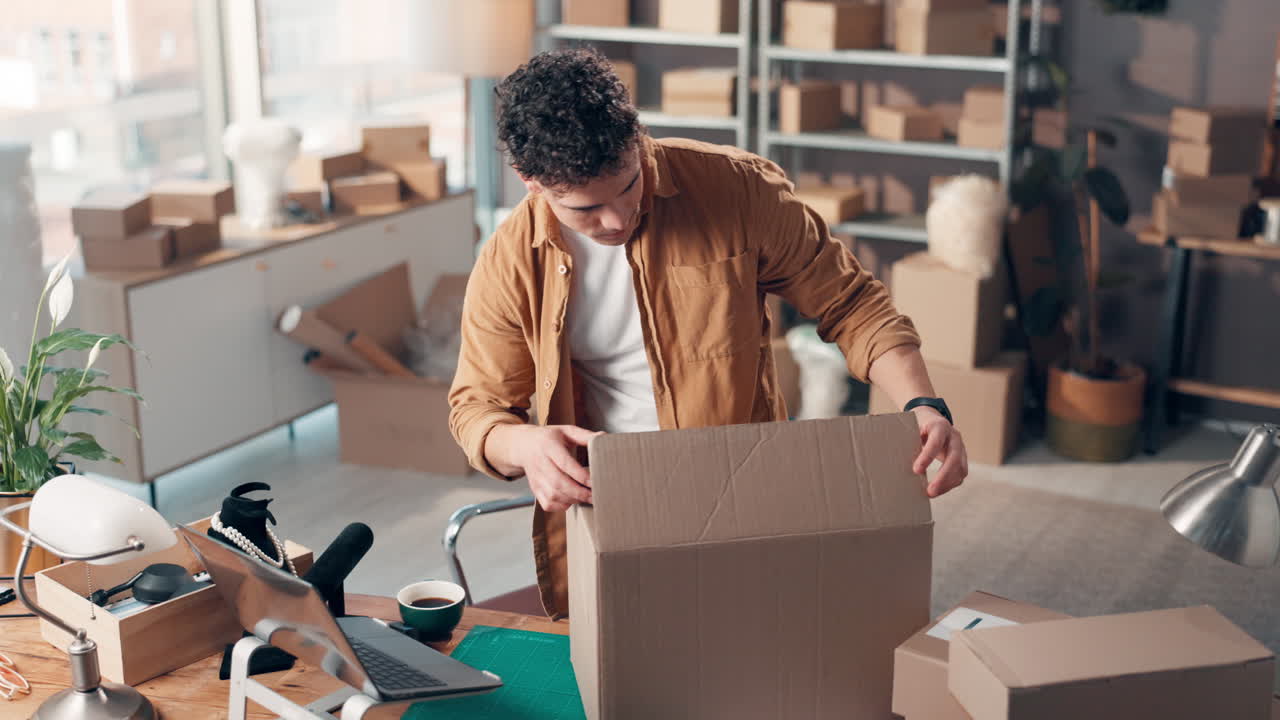 Man packing cardboard box in home office