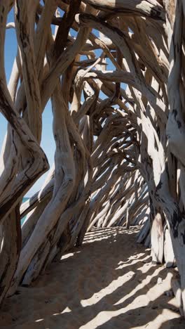 driftwood archway on a sunny beach
