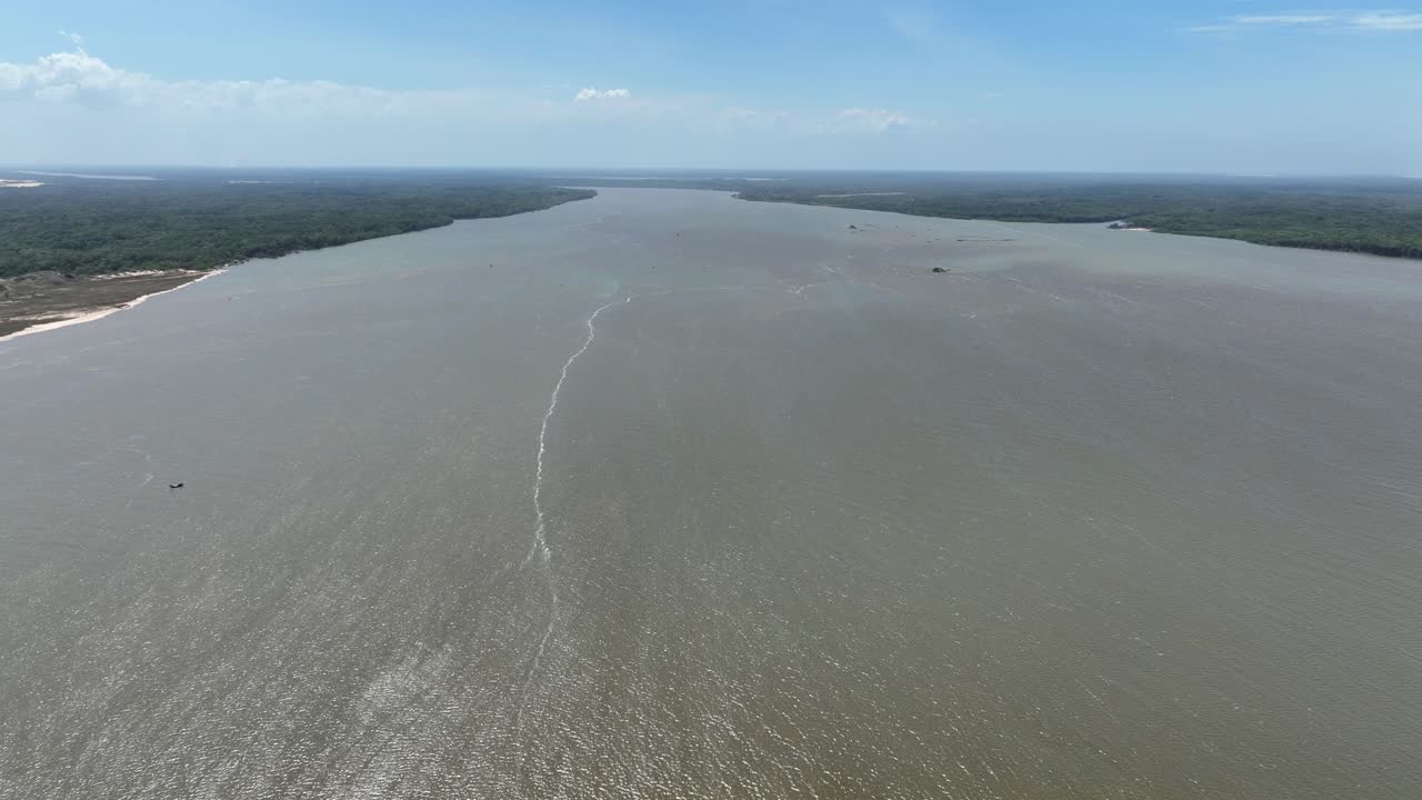 Aerial: Parnaiba River during the day in Araioses, the easternmost city in the Brazilian state of Maranhao, Brazil, establishing drone shot