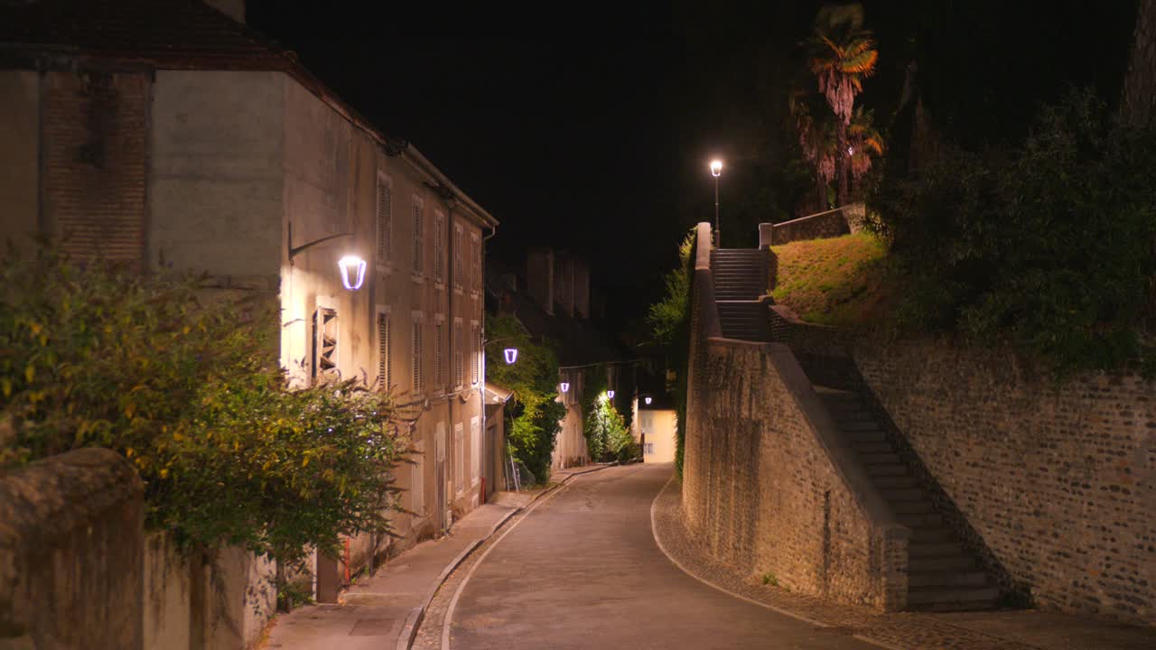 Street In The Old Town Of Pau At Night In Southwestern France - Wide Shot