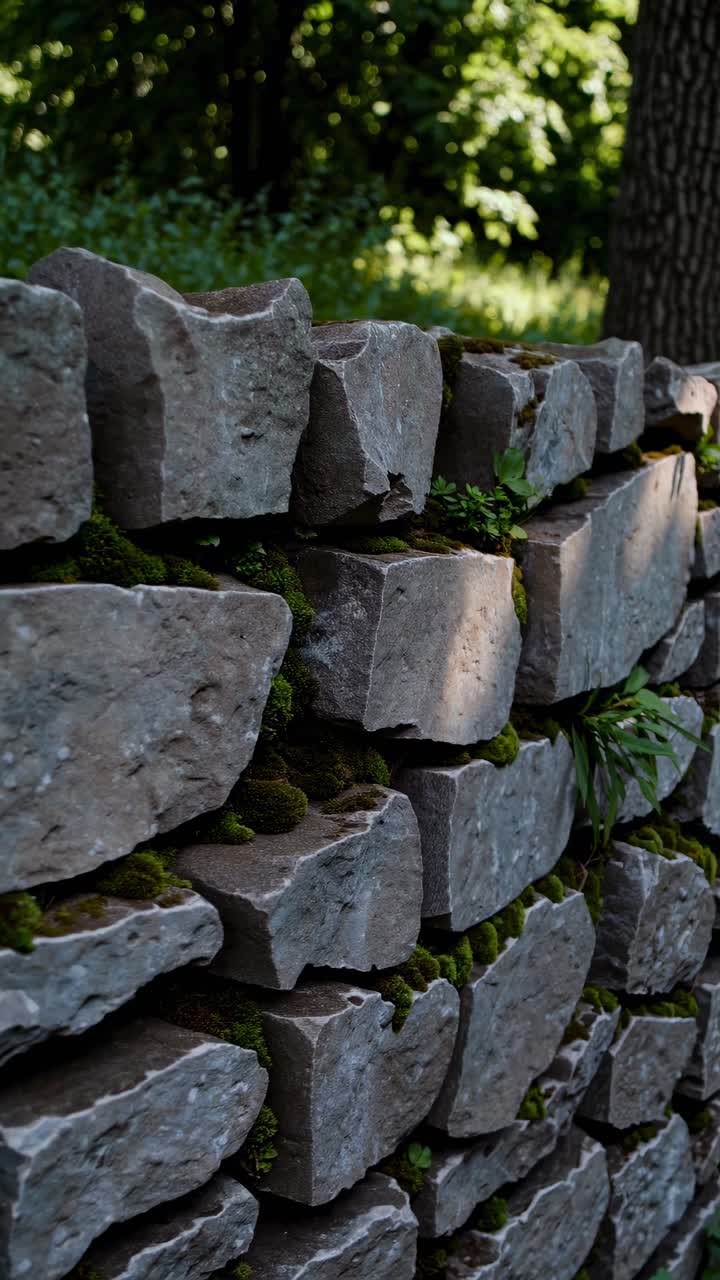 Close-up video of a rustic stone wall with moss, shot from a low angle, capturing the texture