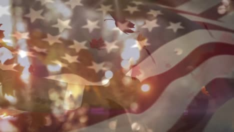 Animation-of-thumbs-up-over-american-flag-and-leaves-falling