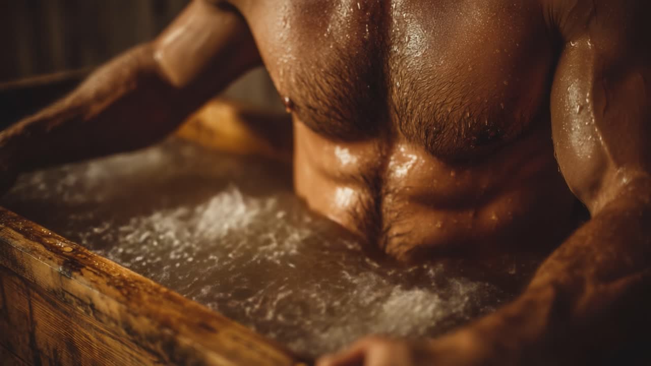 Intense Relaxation and Wellness Experience: A Focus on the Power of Water in a Wooden Bath with a Strong Male Subject Revealing Muscular Definition and Beauty