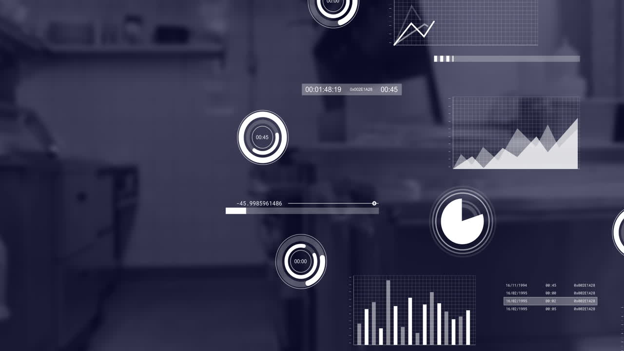 Animation of financial data processing over empty office