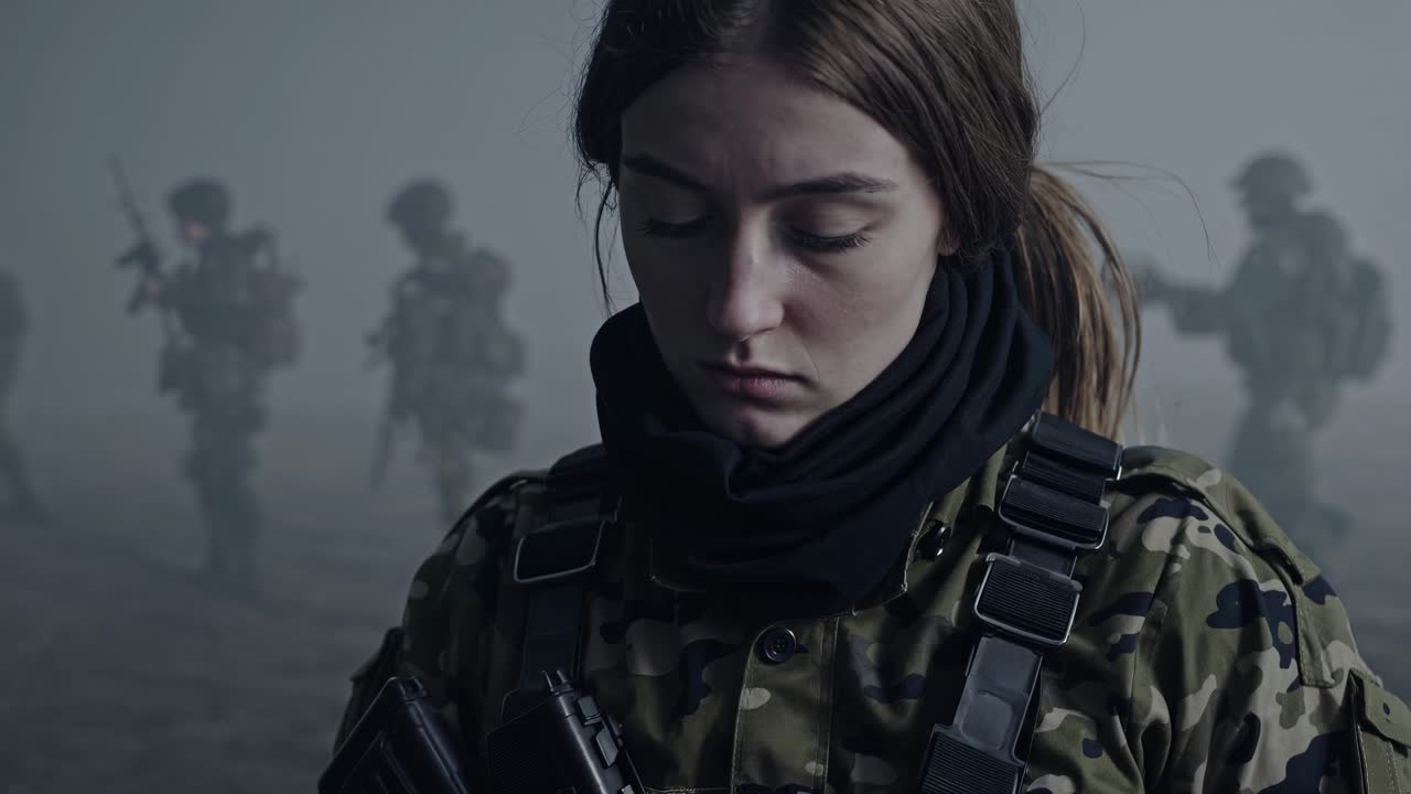 Determined female soldier stands guard, wearing camouflage uniform and a black scarf, her expression serious as she observes the foggy battlefield
