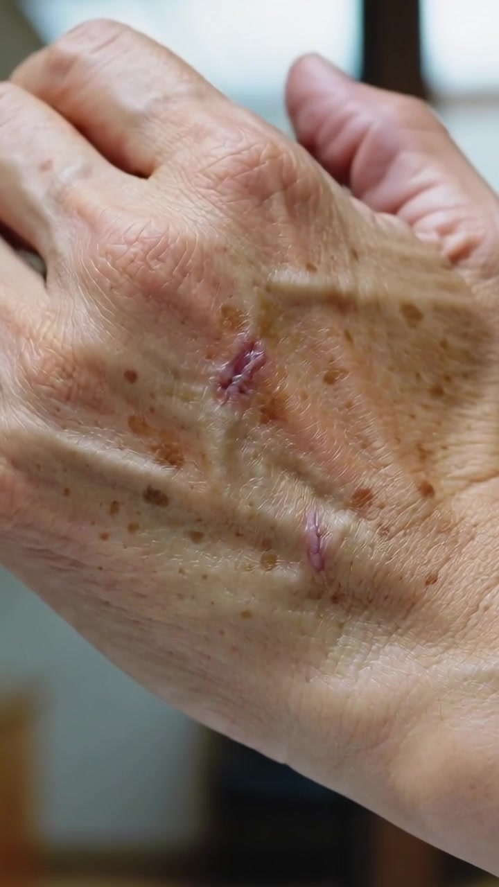 Video verticale: Ispezionando la mano di un anziano che ruota per rivelare due cicatrici lineari vicino a una finestra, macchie senili