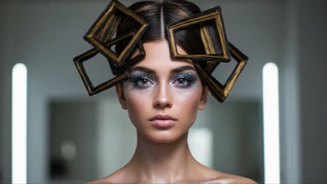 a stunning portrait of a model with unique frame-inspired hair accessories and sparkling makeup, highlighting creative artistic expression in beauty and fashion photography
