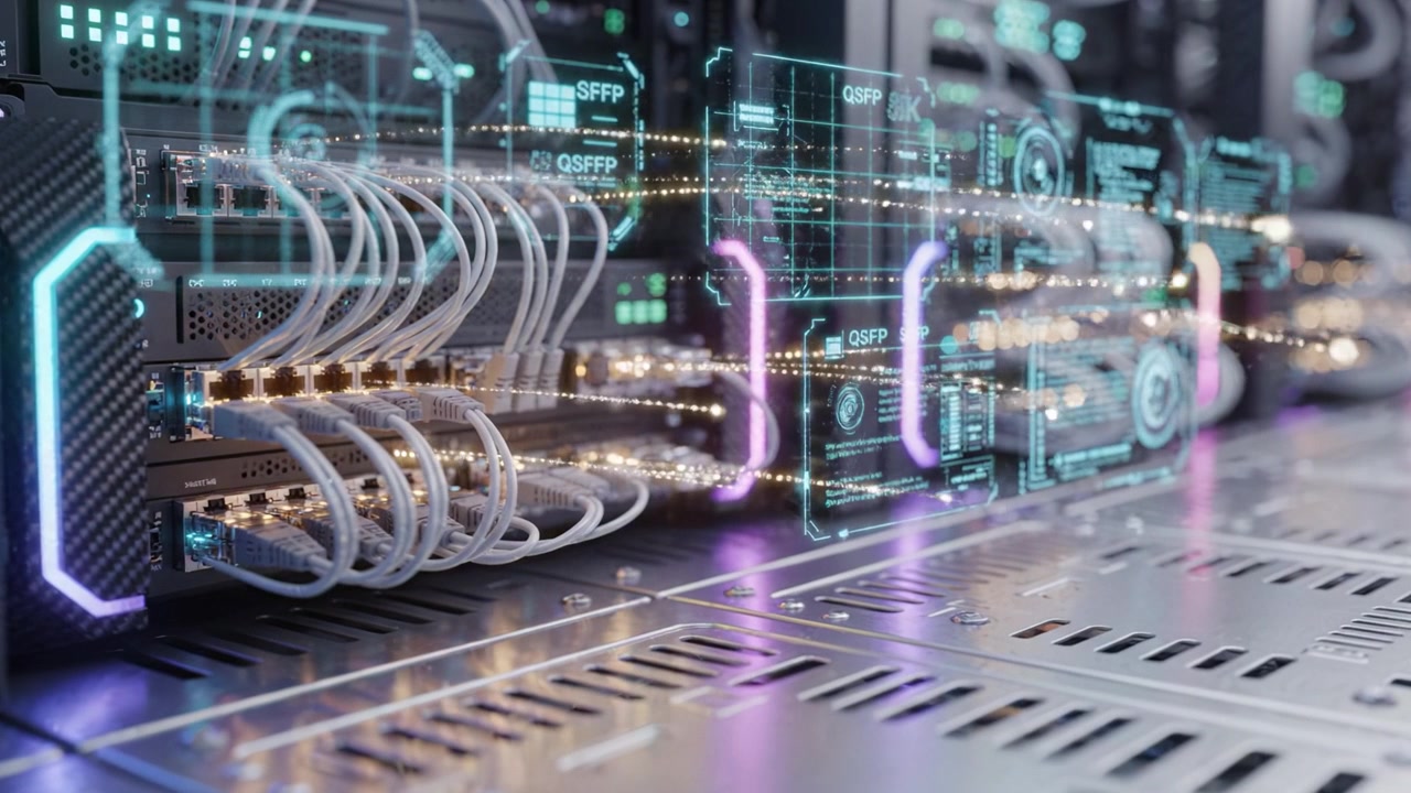 High-Tech Data Center with Advanced Networking Equipment and Cables in a Modern Server Room, Featuring Colorful LED Displays and Digital Overlay Graphics