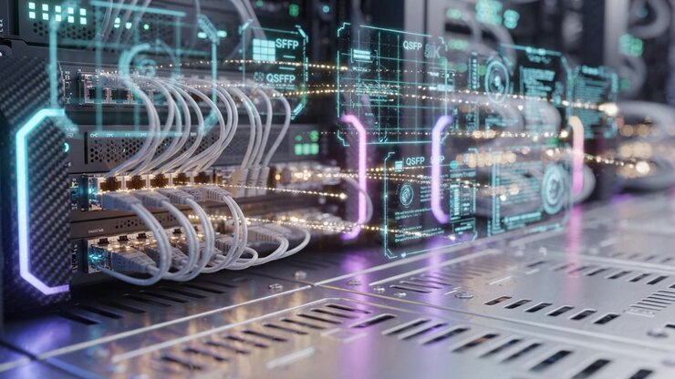 High-Tech Data Center with Advanced Networking Equipment and Cables in a Modern Server Room, Featuring Colorful LED Displays and Digital Overlay Graphics