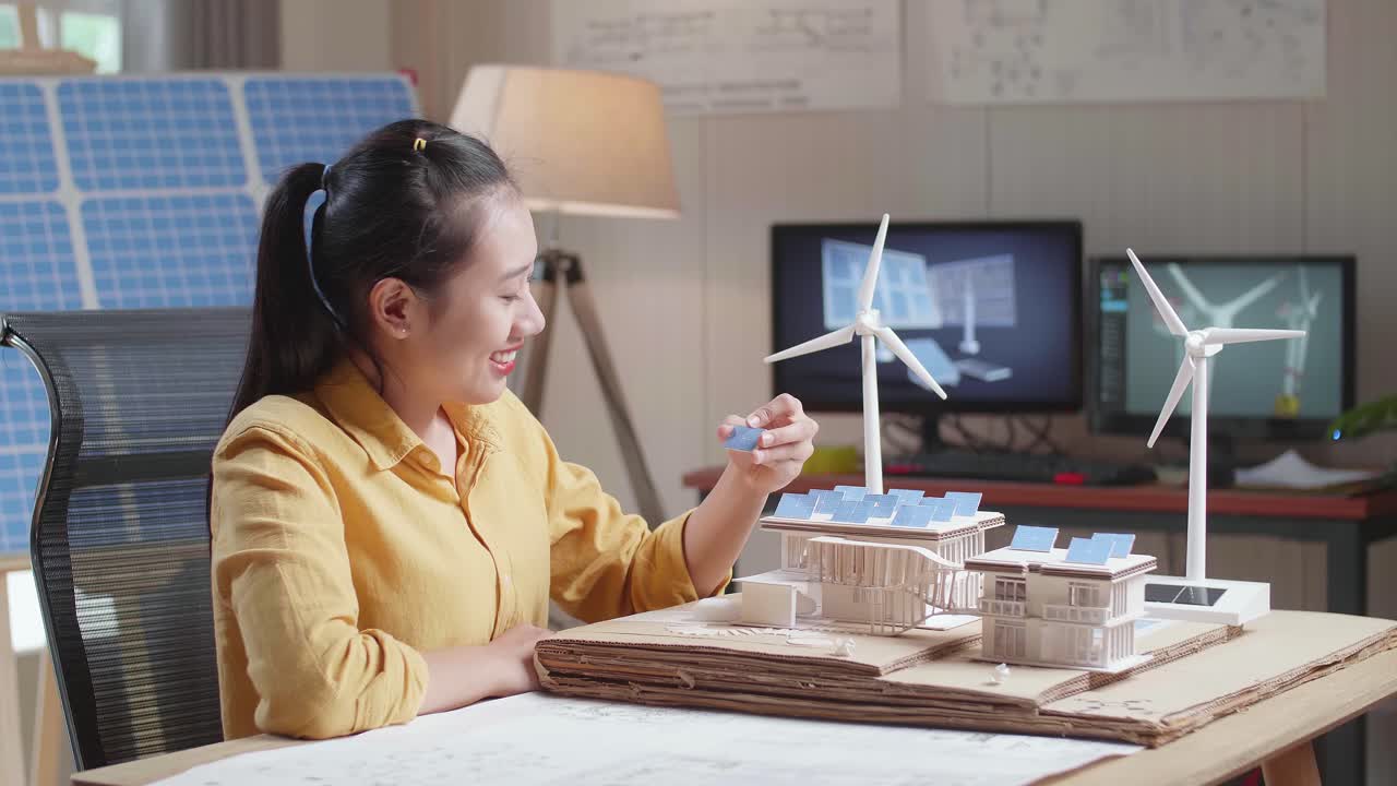 태양 전지판 을 탑재 한 작은 집 의 모형 을 짓는 동안 아시아 여성 이 긍정적 으로 머리 를 흔들고 있는 측면