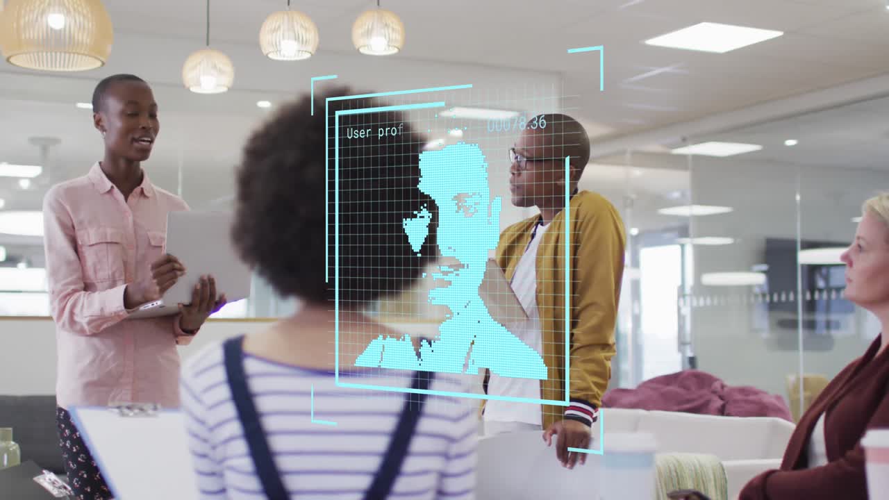 Animation of people icons over diverse business people in office