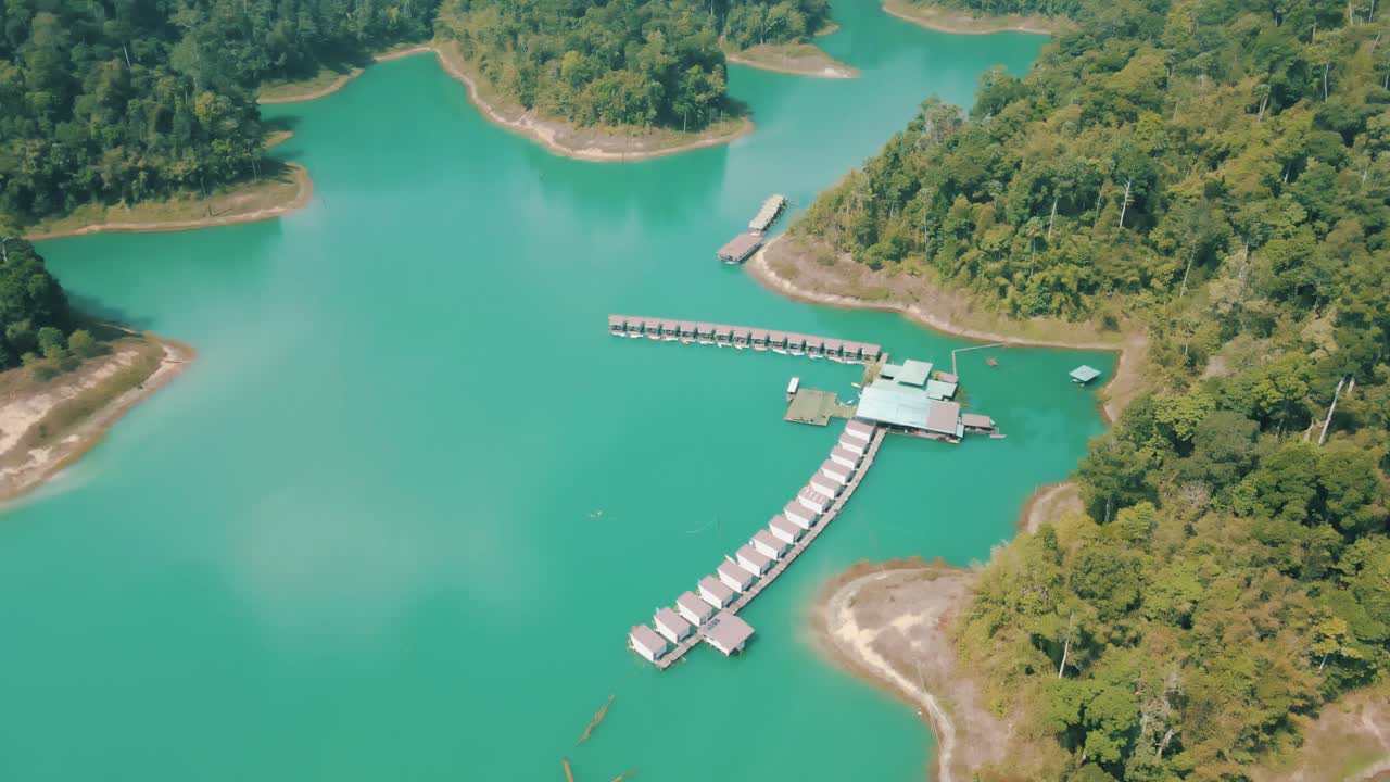 Beautiful drone footage of Floating Bungalows in Khao Sok National Park Thailand