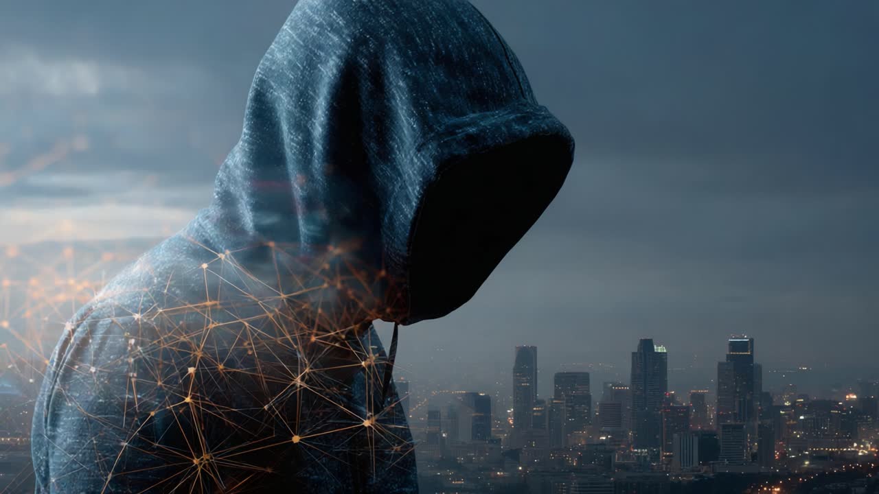 A Mysterious Figure in a Hoodie Overlooking a Cityscape, Intricately Blending Technology with Urban Environment, Evoking Themes of Isolation and Connectivity